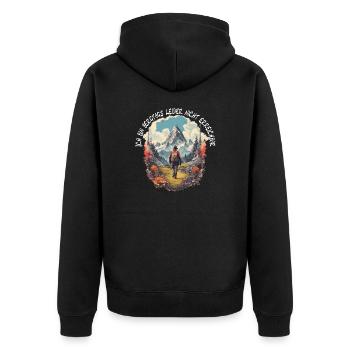 Wandern oder Klettern in den Bergen - Unisex Premium Bio Zip Hoodie - Schwarz - Hinten - Nico (187cm)