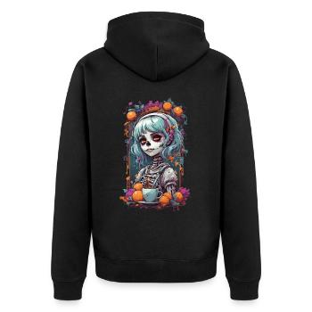 Goth e-Girl Skull Dia de Muertos Kaffee Design - Unisex Premium Bio Zip Hoodie - Schwarz - Hinten - Nico (187cm)