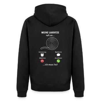 Meine Lakritze ruft an - ich muss los - Spruch - Unisex Premium Bio Zip Hoodie - Schwarz - Hinten - Nico (187cm)