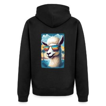 funky alpaca on the beach with sunglasses - Unisex Premium Organic Zip Hoodie - black - Back - Nico (187cm)