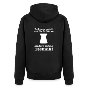 Auf die Technik kommt es an, nicht auf die Größe - Unisex Premium Bio Zip Hoodie - Schwarz - Hinten - Nico (187cm)