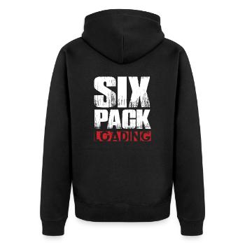 Six Pack Loading Dunkel coole shirts ch / at - Unisex Premium Bio Zip Hoodie - Schwarz - Hinten - Nico (187cm)