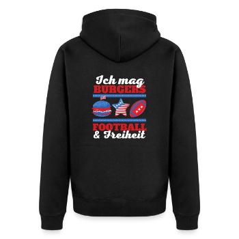 Ich mag Burgers, Football und Freiheit - Unisex Premium Bio Zip Hoodie - Schwarz - Hinten - Nico (187cm)