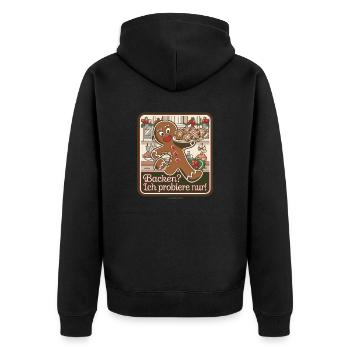 Lustiger Lebkuchenmann-Backspaß - Unisex Premium Bio Zip Hoodie - Schwarz - Hinten - Nico (187cm)