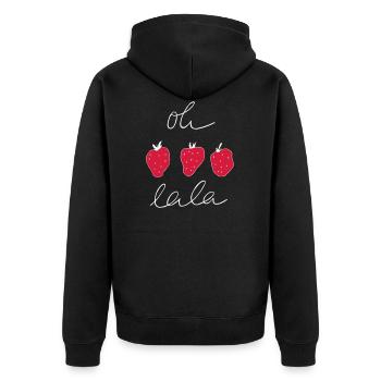 Erdbeere Oh lala freche Früchtchen - Unisex Premium Bio Zip Hoodie - Schwarz - Hinten - Nico (187cm)