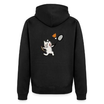 aufgeregte katze spielt badminton federball - Unisex Premium Bio Zip Hoodie - Schwarz - Hinten - Nico (187cm)