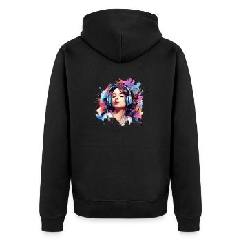 Frau hört Musik mit Kopfhörern - Unisex Premium Bio Zip Hoodie - Schwarz - Hinten - Nico (187cm)