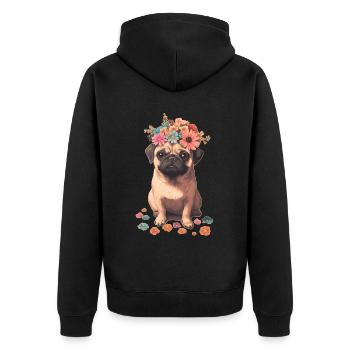 Mops mit Blumen - Unisex Premium Bio Zip Hoodie - Schwarz - Hinten - Nico (187cm)