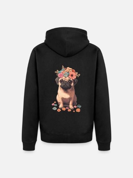 Mops mit Blumen - Unisex Premium Bio Zip Hoodie - Schwarz
