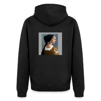 Katze mit Dame in Gemälde im Johannes Vermeer Stil - Unisex Premium Bio Zip Hoodie - Schwarz - Hinten - Nico (187cm)