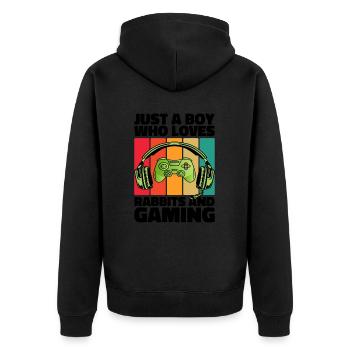 Gamer & Rabbits: Video Games & Leaping Adventure - Unisex Premium Organic Zip Hoodie - black - Back - Nico (187cm)