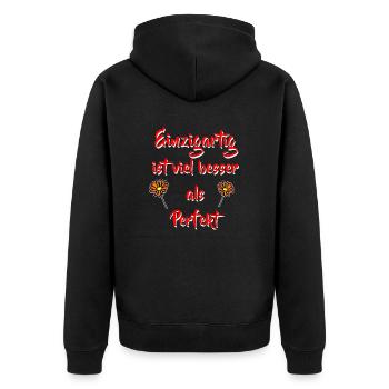 Spruch Einzigartig - Mut Freundschaft - Unisex Premium Bio Zip Hoodie - Schwarz - Hinten - Nico (187cm)