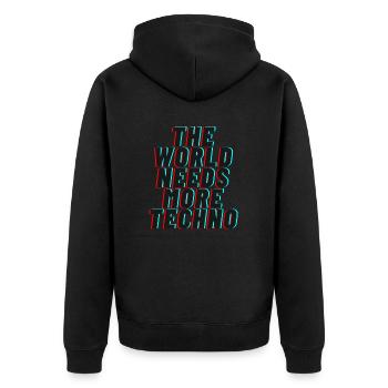 The world needs more techno - Unisex Premium Bio Zip Hoodie - Schwarz - Hinten - Nico (187cm)