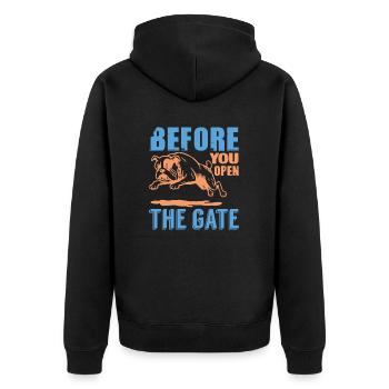 BEFORE YOU OPEN THE GATE - Unisex Premium Organic Zip Hoodie - black - Back - Nico (187cm)
