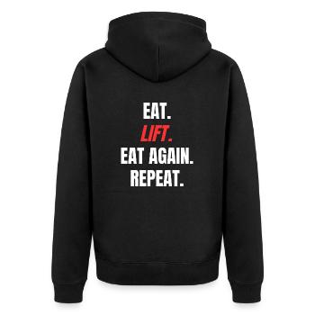 Eat. Lift. Eat Again. Repeat. - Unisex Premium Bio Zip Hoodie - Schwarz - Hinten - Nico (187cm)