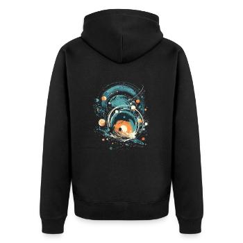 Retro space pattern in blue, turquoise, orange and beige - Unisex Premium Organic Zip Hoodie - black - Back - Nico (187cm)
