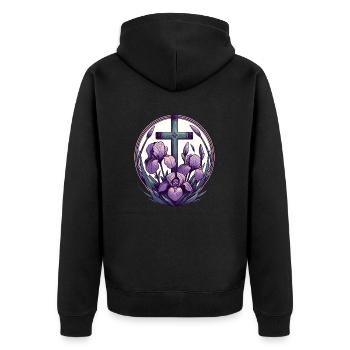 Christian Cross Purple Iris - Unisex Premium Organic Zip Hoodie - black - Back - Nico (187cm)