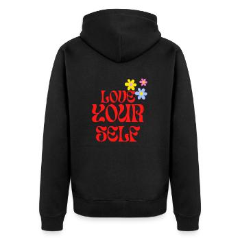 Love you self Retro Design Rot Blumen - Unisex Premium Bio Zip Hoodie - Schwarz - Hinten - Nico (187cm)