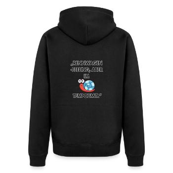 "Rennwagen-Feeling im Schneckentempo"Rot Blau - Unisex Premium Bio Zip Hoodie - Schwarz - Hinten - Nico (187cm)