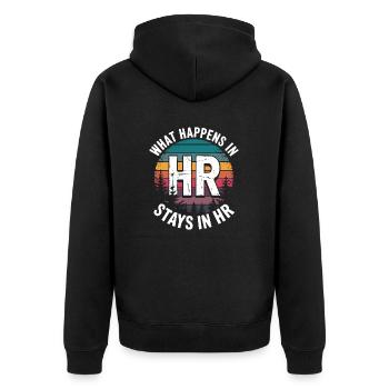 HR secrets stay between us - Unisex Premium Organic Zip Hoodie - black - Back - Nico (187cm)