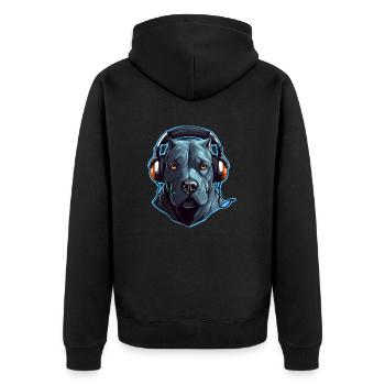 Cooler Pitbull mit Kopfhörern - Unisex Premium Bio Zip Hoodie - Schwarz - Hinten - Nico (187cm)
