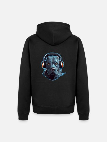Cooler Pitbull mit Kopfhörern - Unisex Premium Bio Zip Hoodie - Schwarz