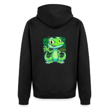 Fröhliche Echse – Witziger Comic Style - Unisex Premium Bio Zip Hoodie - Schwarz - Hinten - Nico (187cm)