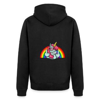 EInhorn mittelfinger ich könnt mich mal - Unisex Premium Bio Zip Hoodie - Schwarz - Hinten - Nico (187cm)