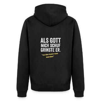 Als Gott mich schuf grinste er - Unisex Premium Bio Zip Hoodie - Schwarz - Hinten - Nico (187cm)