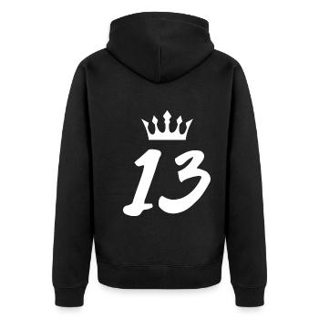 13 Zahl Krone - Unisex Premium Bio Zip Hoodie - Schwarz - Hinten - Nico (187cm)