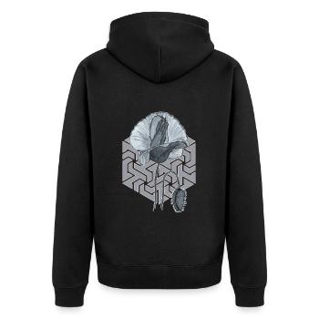 schwarzweiße Mohnblume mit Sechseck im Hintergrund - Unisex Premium Bio Zip Hoodie - Schwarz - Hinten - Nico (187cm)