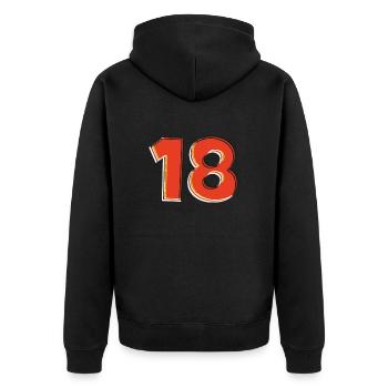 18 orange - Unisex Premium Bio Zip Hoodie - Schwarz - Hinten - Nico (187cm)
