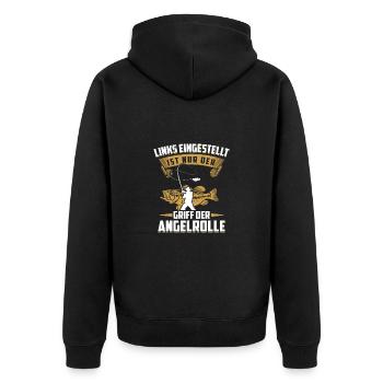 Links eingestellt ist nur der Griff der Angelrolle - Unisex Premium Bio Zip Hoodie - Schwarz - Hinten - Nico (187cm)