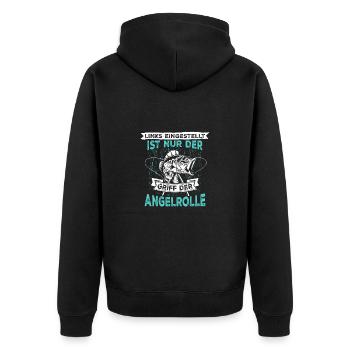 Links eingestellt ist nur der Griff der Angelrolle - Unisex Premium Bio Zip Hoodie - Schwarz - Hinten - Nico (187cm)