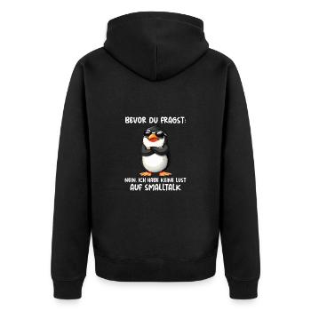 Bevor Du Fragst Kein Smalltalk Pinguin - Unisex Premium Bio Zip Hoodie - Schwarz - Hinten - Nico (187cm)