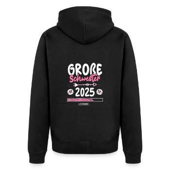Große Schwester 2025 Loading - Unisex Premium Bio Zip Hoodie - Schwarz - Hinten - Nico (187cm)