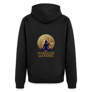 Namaste And Hodl Bitcoin - Unisex Premium Bio Zip Hoodie - Schwarz - Hinten - Nico (187cm)