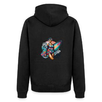 Cool Surf Girl - Vintage Beach Vibes - Unisex Premium Bio Zip Hoodie - Schwarz - Hinten - Nico (187cm)