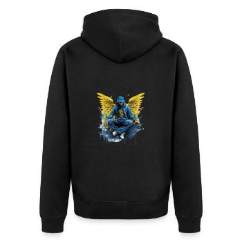 Urban Angel Wings DJ Grafik Stylische Streetwear - Unisex Premium Bio Zip Hoodie - Schwarz - Hinten - Nico (187cm)