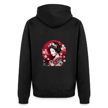 Geisha Kunst Japanische Kultur Floraler Kimono - Unisex Premium Bio Zip Hoodie - Schwarz - Hinten - Nico (187cm)