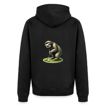 Lustiges Faultier beim Golfen - Unisex Premium Bio Zip Hoodie - Schwarz - Hinten - Nico (187cm)