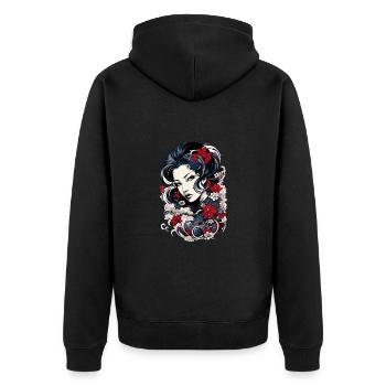 Geisha Kunst Japanische Kultur Floraler Kimono - Unisex Premium Bio Zip Hoodie - Schwarz - Hinten - Nico (187cm)