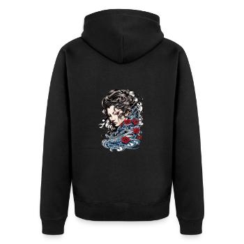 Geisha Kunst Japanische Kultur Floraler Kimono - Unisex Premium Bio Zip Hoodie - Schwarz - Hinten - Nico (187cm)