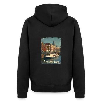 Vintage Amsterdam Kanal Niederlande Holland - Unisex Premium Bio Zip Hoodie - Schwarz - Hinten - Nico (187cm)