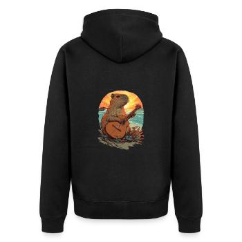 Gitarre Capybara Tropischer Sonnenuntergang - Unisex Premium Bio Zip Hoodie - Schwarz - Hinten - Nico (187cm)