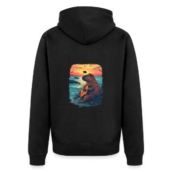 Gitarre Capybara Tropischer Sonnenuntergang - Unisex Premium Bio Zip Hoodie - Schwarz - Hinten - Nico (187cm)