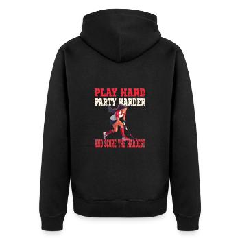 Play Hard Party Harder Score The Hardest - Unisex Premium Bio Zip Hoodie - Schwarz - Hinten - Nico (187cm)