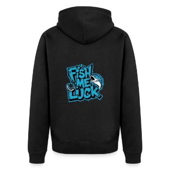 Fish Me Luck für einen Angler und Fischer - Unisex Premium Bio Zip Hoodie - Schwarz - Hinten - Nico (187cm)