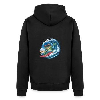 Cooler surfender Frosch mit Sonnenbrille Wellen - Unisex Premium Bio Zip Hoodie - Schwarz - Hinten - Nico (187cm)
