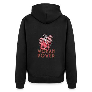 Witzige Skelett-Dame mit Kaffee und Sonnenbrille - Unisex Premium Bio Zip Hoodie - Schwarz - Hinten - Nico (187cm)